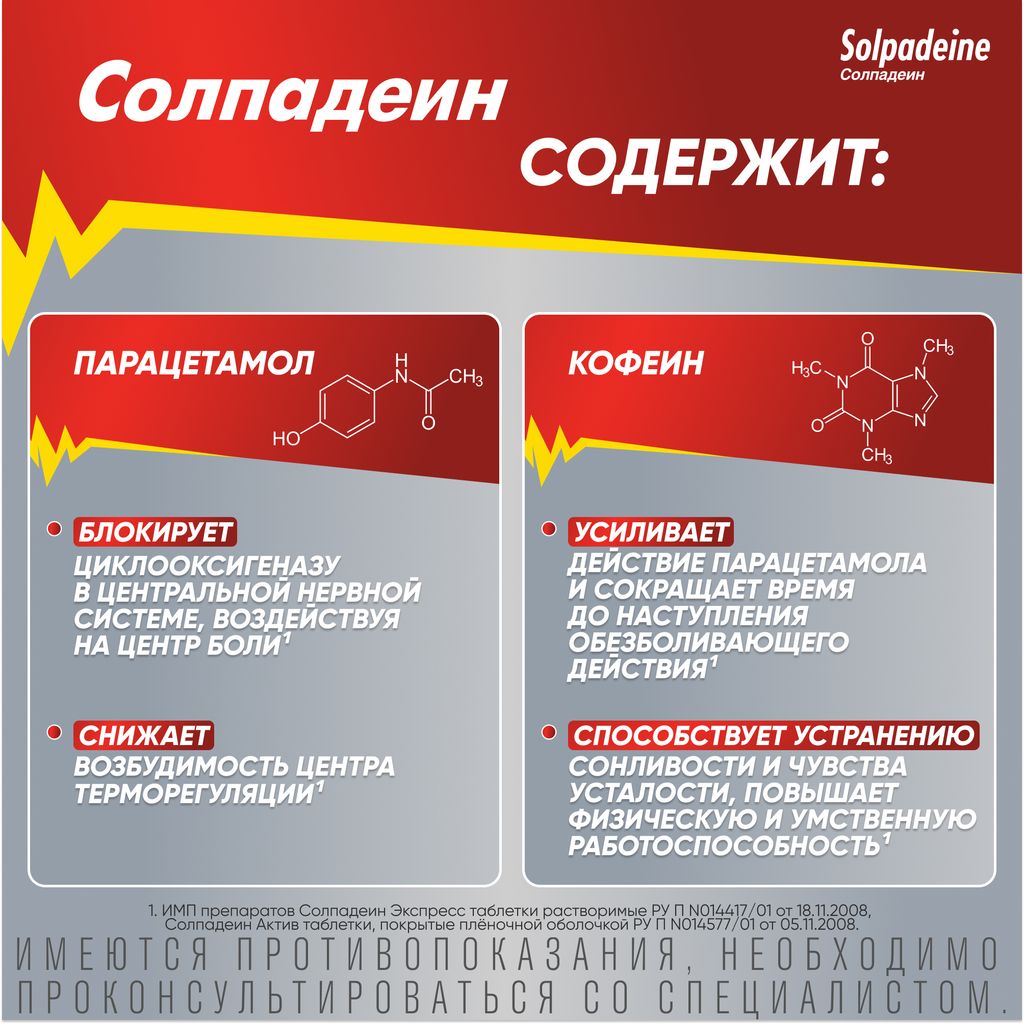 Солпадеин, 65 мг+500 мг, таблетки растворимые, 12 шт.