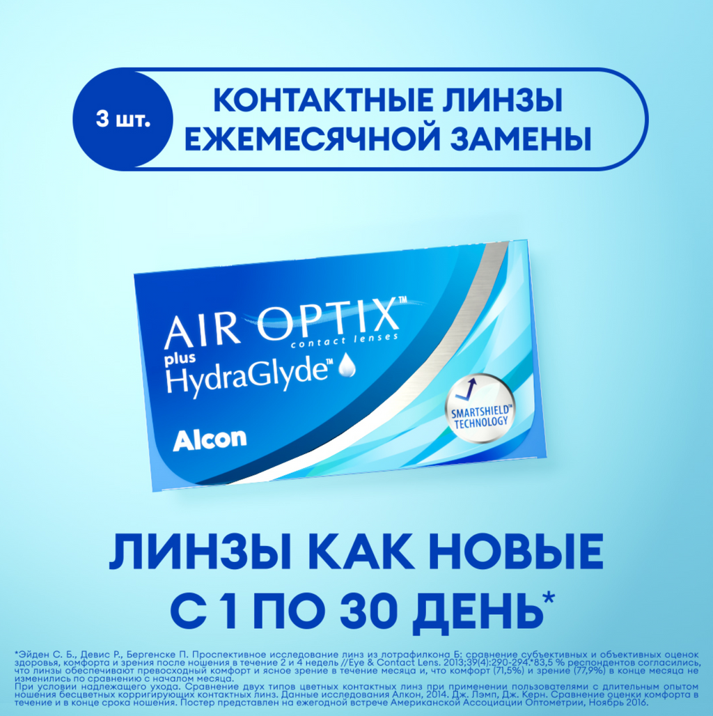 Alcon Air Optix Plus HydraGlyde Линзы контактные, BC=8.6 d=14.2, D(-3.75), 3 шт.