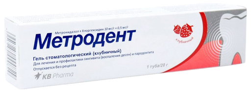 Метродент, 10 мг/г+0.5 мг/г, гель стоматологический, клубничный, 20 г, 1 шт.