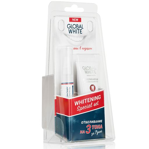 Global White набор отбеливающий с капами, зубная паста отбеливающая 30мл + карандаш отбеливающий 5мл + индивидуальные капы, 1 шт.